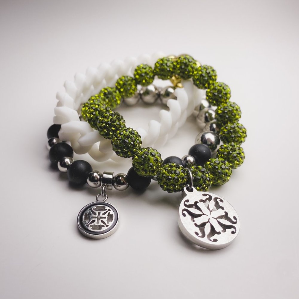 Rustic Cuff Green Rhinestone Rubber Black White Stackable Stretch Bracelet Set - Picture 3 of 11